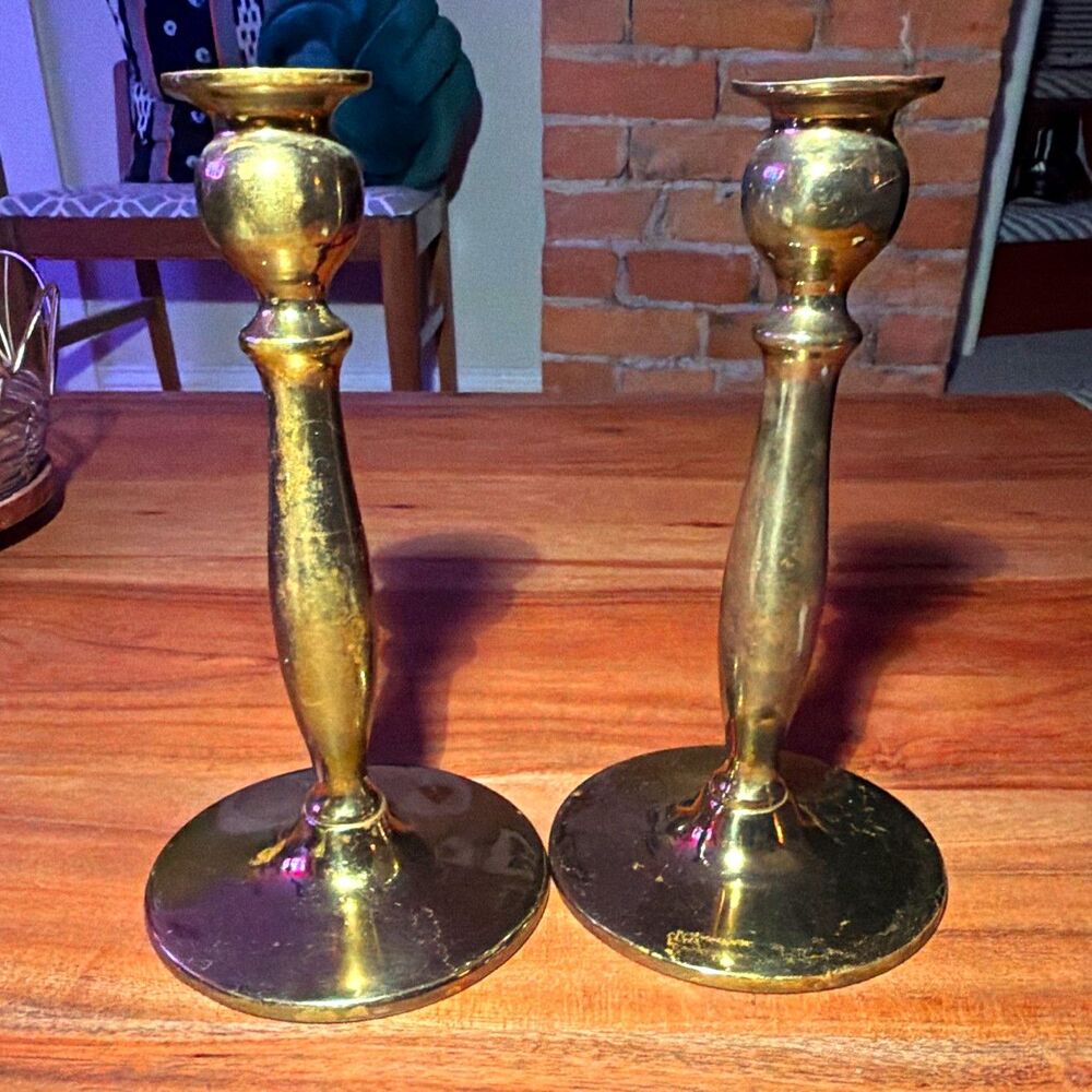 Pair of Brass Metal Round Taper Candle Holders Set of 2 8" Tall Marked 3 & 61